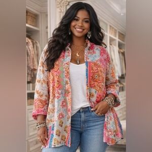 Floral Patchwork Button-Front Tunic Shirt in Pink & Orange